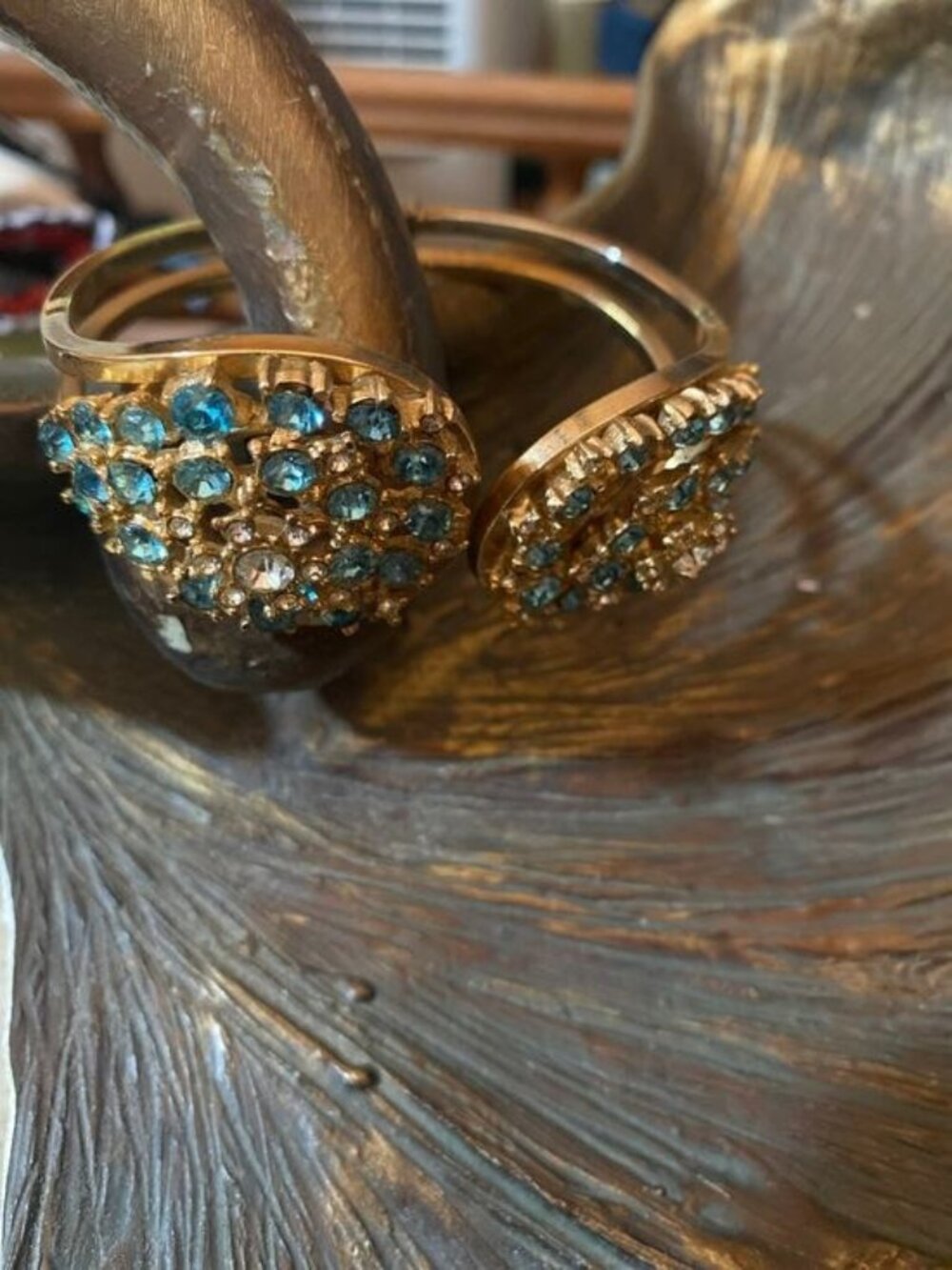 Vintage Aqua and Clear Rhinestone Gold Tone Clamper Bracelet